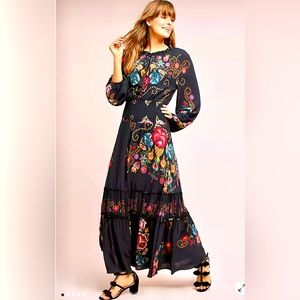 NWT Anthropologie Farm Rio Floral Mexican Corazon Dress  Dia De Los Muertos XXS